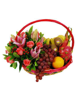 Fruits Basket - Roses, Lilies, Grapes, bananes Etc.