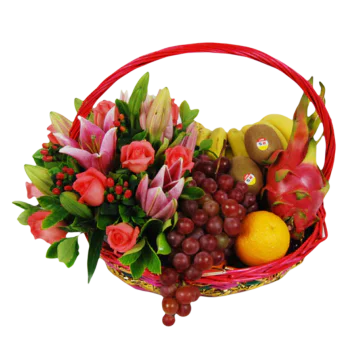 Fruits Basket - Roses, Lilies, Grapes, bananes Etc. Fruits Basket - Roses, Lilies, Grapes, bananes Etc.