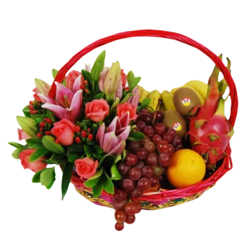 Fruits Basket - Roses, Lilies, Grapes, bananes Etc.