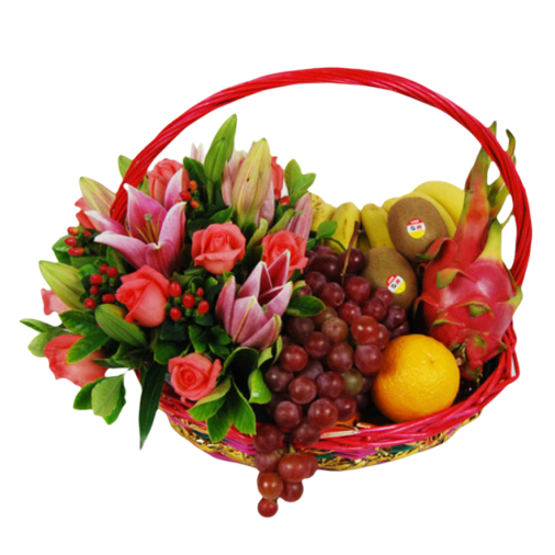 Fruits Basket - Roses, Lilies, Grapes, bananes Etc.