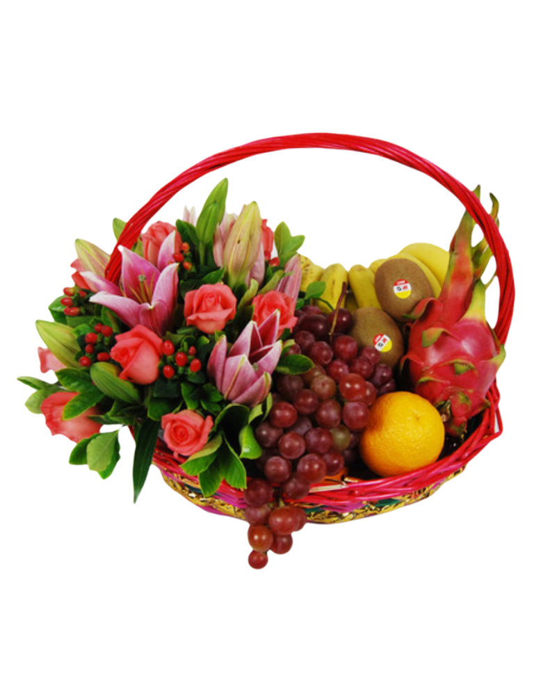 Fruits Basket - Roses, Lilies, Grapes, bananes Etc.a