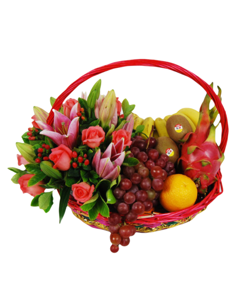 Fruits Basket - Roses, Lilies, Grapes, bananes Etc.