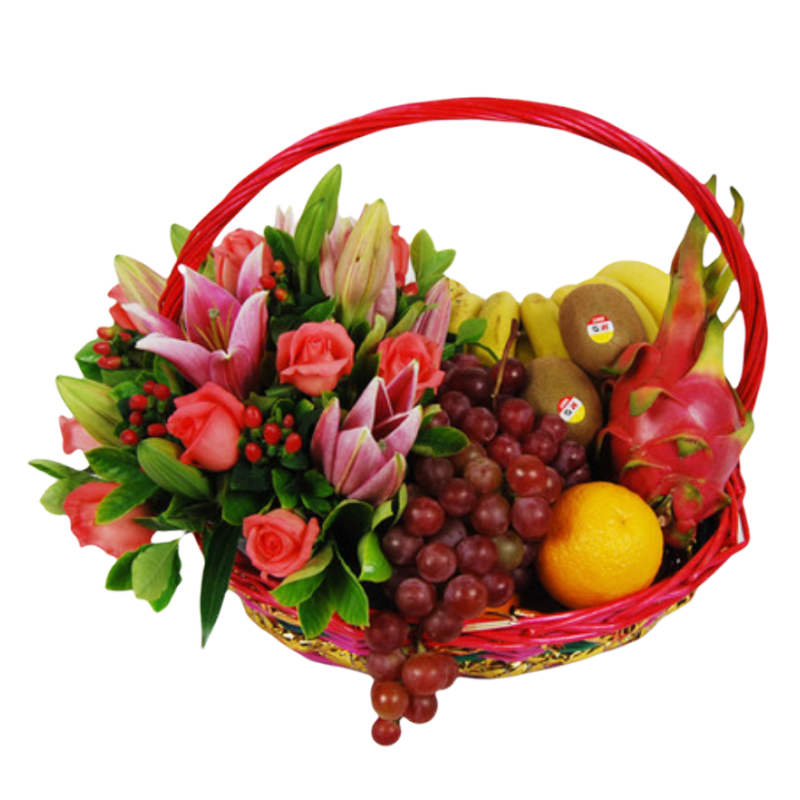 Fruits Basket - Roses, Lilies, Grapes, bananes Etc.