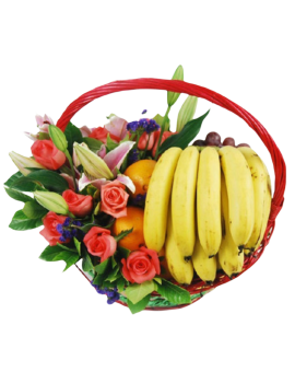 Fruits Basket - Roses, Lilies, Bananas, Oranges etc.