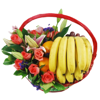 Fruits Basket - Roses, Lilies, Bananas, Oranges etc.