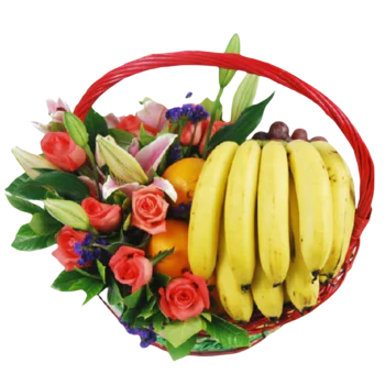 Fruits Basket - Roses, Lilies, Bananas, Oranges etc.