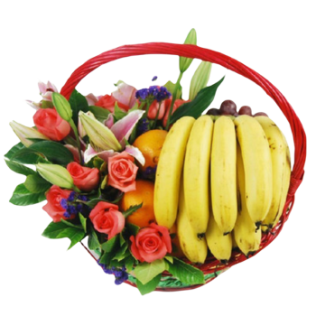 Fruits Basket - Roses, Lilies, Bananas, Oranges etc. Fruits Basket - Roses, Lilies, Bananas, Oranges etc.