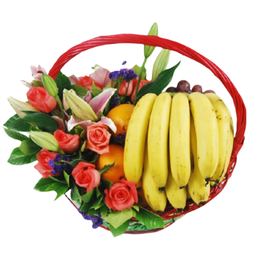 Fruits Basket - Roses, Lilies, Bananas, Oranges etc.