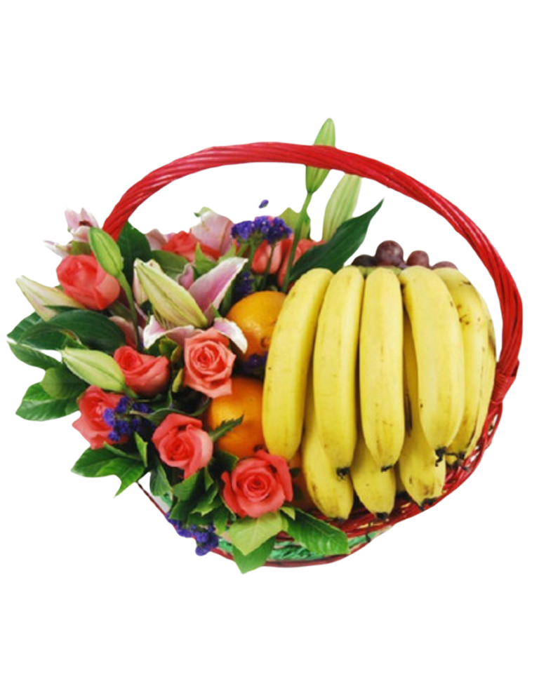 Fruits Basket - Roses, Lilies, Bananas, Oranges etc.a
