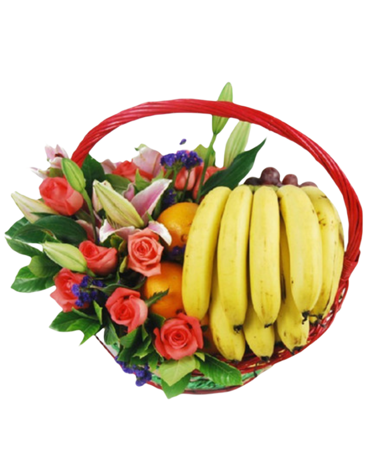 Fruits Basket - Roses, Lilies, Bananas, Oranges etc.