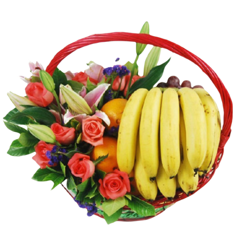 Fruits Basket - Roses, Lilies, Bananas, Oranges etc.