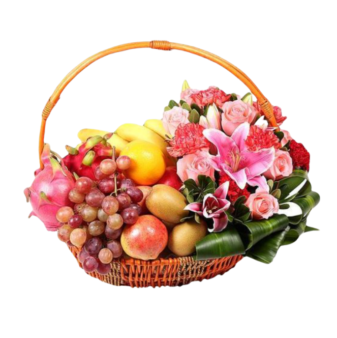 Fruits Basket - Roses, Lilies, Grapes, Kiwis etc.