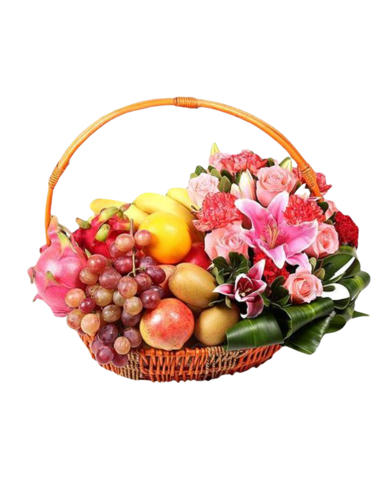 Fruits Basket - Roses, Lilies, Grapes, Kiwis etc.