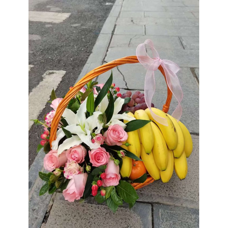 Fruits Basket - Roses, Lilies, Bananas, Oranges etc.