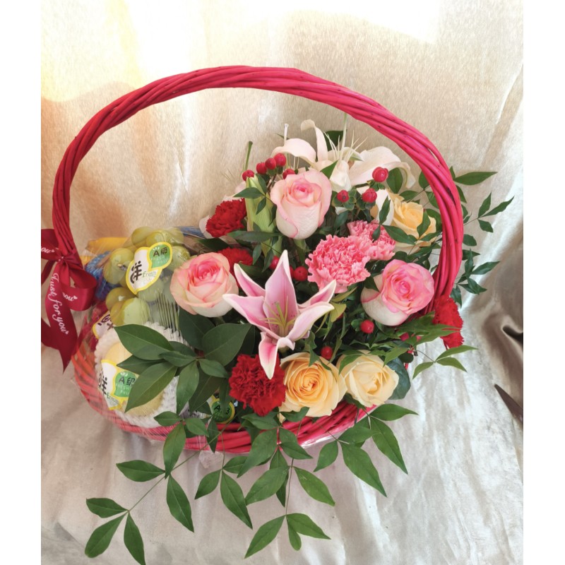Fruits Basket - Roses, Lilies, Grapes, Kiwis etc.