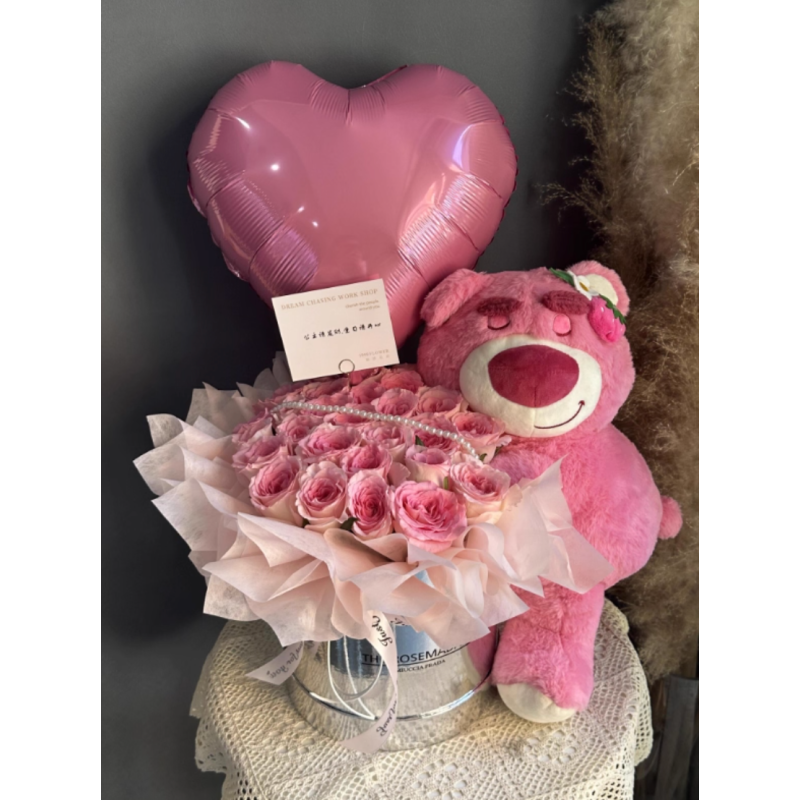 Sweet Embrace – Pink Roses & Teddy Bucket Sweet Embrace – Pink Roses & Teddy Bucket