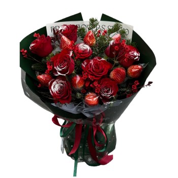 Christmas Bouquet – Snow-Dusted Red Roses & Strawberries Christmas Bouquet – Snow-Dusted Red Roses & Strawberries
