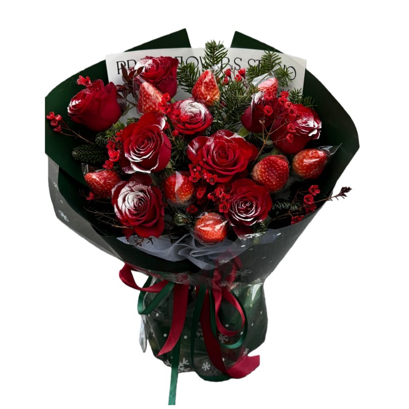 Christmas Bouquet – Snow-Dusted Red Roses & Strawberries Christmas Bouquet – Snow-Dusted Red Roses & Strawberries
