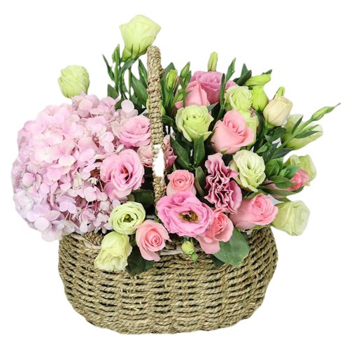 Mixed Flowers Basket of Pink Roses, Pink hydrangea etc