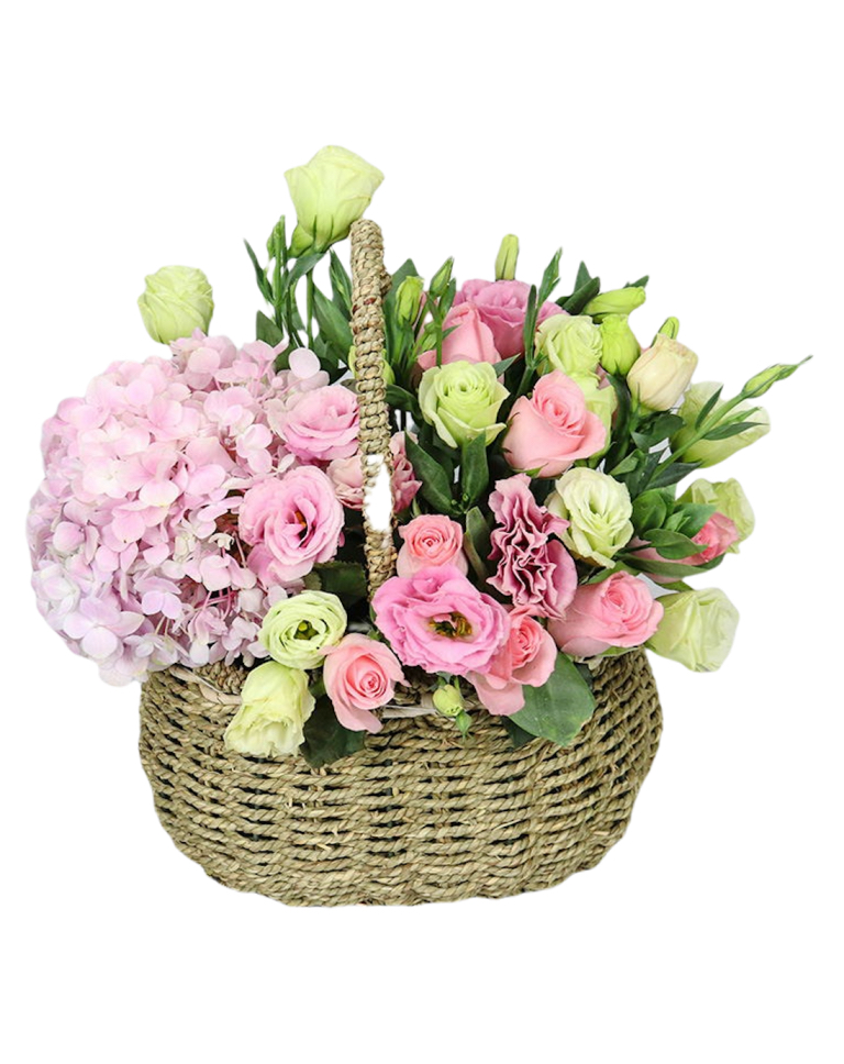 Mixed Flowers Basket of Pink Roses, Pink hydrangea etca