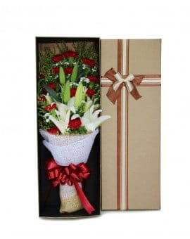 19 Red Carnations with 6 Lilies in Luxury Box