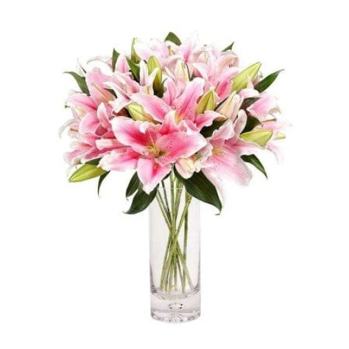 18 Pink Lilies in Glass Vase