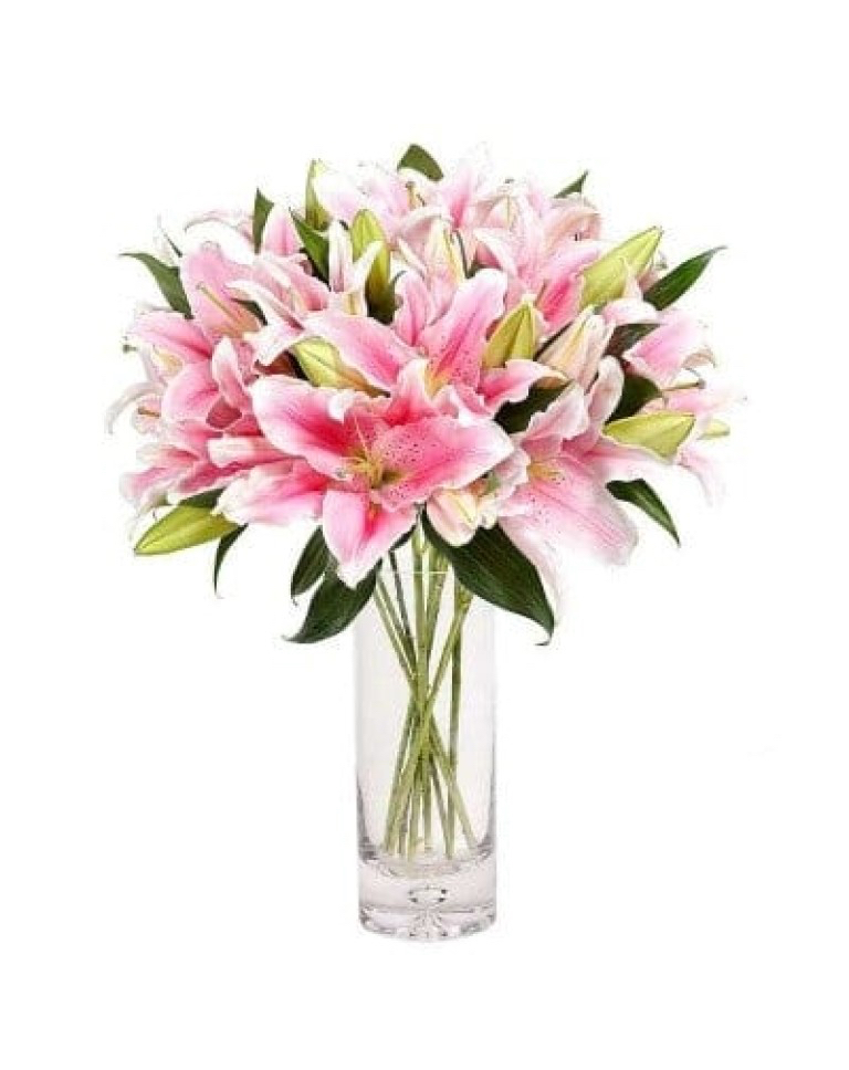 18 Pink Lilies in Glass Vase