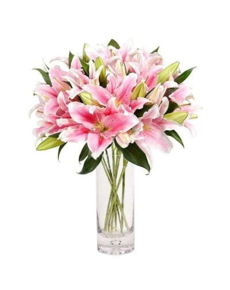 18 Pink Lilies in Glass Vasea