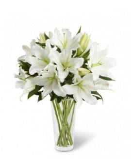 18 White Lilies in Glass Vase