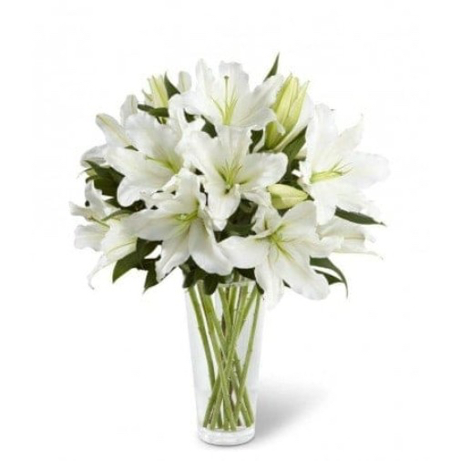 18 White Lilies in Glass Vase
