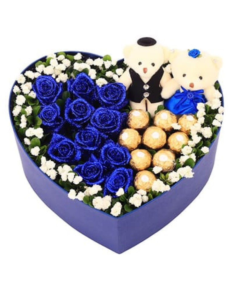 9 Blue Roses with 9 Ferrero Rochera