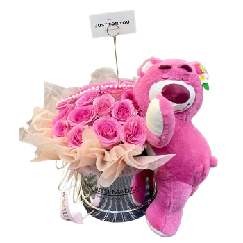 Sweet Embrace – Pink Roses & Teddy Bucket Sweet Embrace – Pink Roses & Teddy Bucket