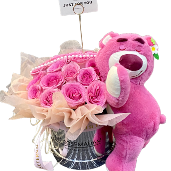 Sweet Embrace – Pink Roses & Teddy Bucket Sweet Embrace – Pink Roses & Teddy Bucket