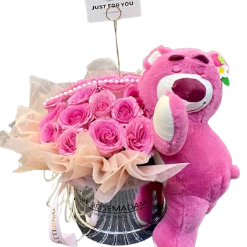 Sweet Embrace – Pink Roses & Teddy Bucket Sweet Embrace – Pink Roses & Teddy Bucket
