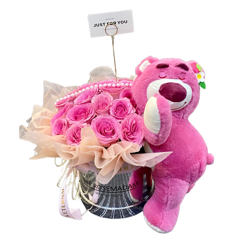 Sweet Embrace – Pink Roses & Teddy Bucket Sweet Embrace – Pink Roses & Teddy Bucket