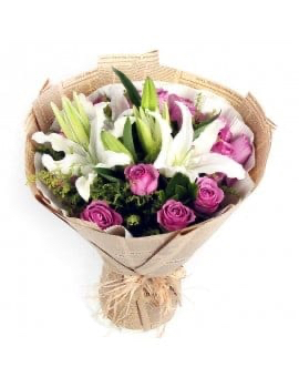 19 Purple Roses with 6 lilies