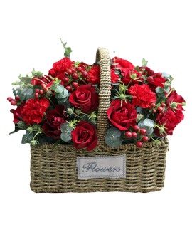 Mixed Flowers Basket of Red Roses, Red Carnations