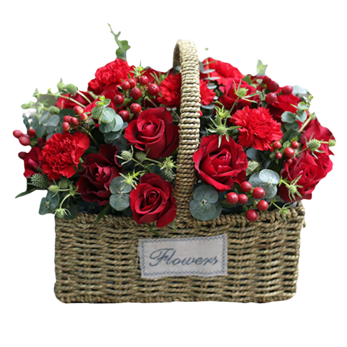 Mixed Flowers Basket of Red Roses, Red Carnations