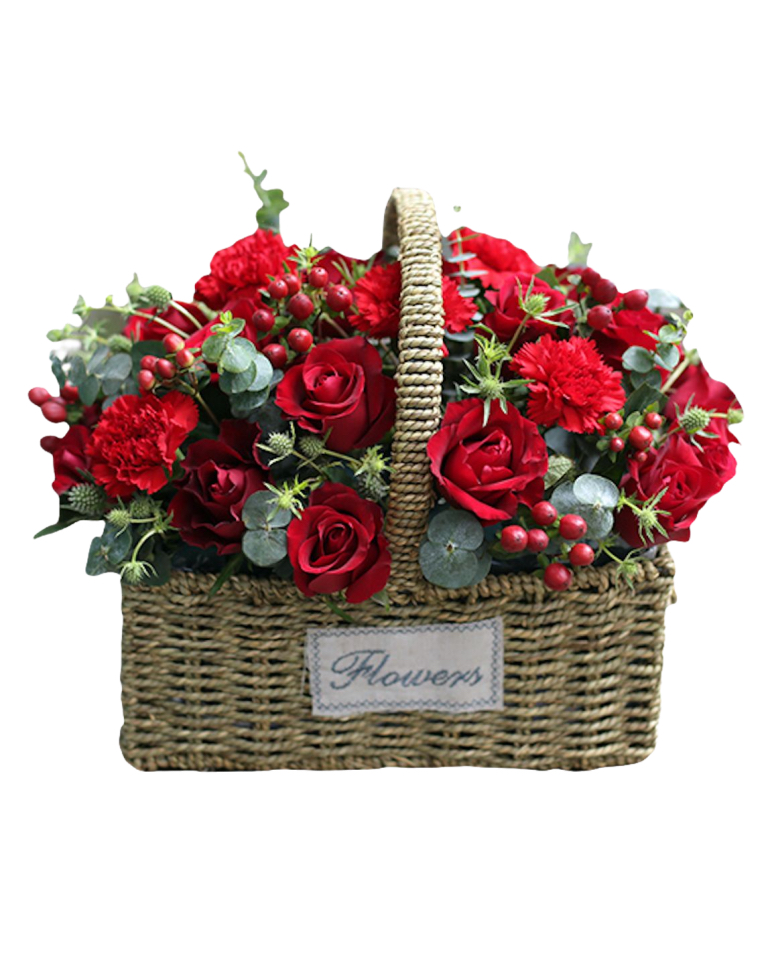 Mixed Flowers Basket of Red Roses, Red Carnationsa