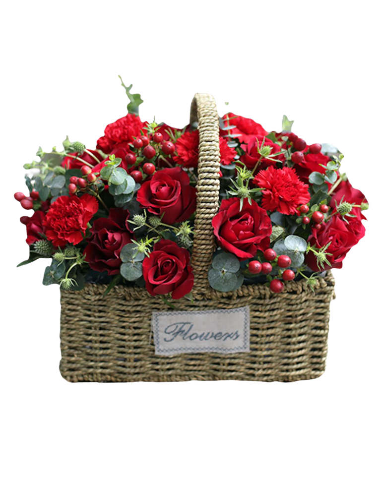 Mixed Flowers Basket of Red Roses, Red Carnations